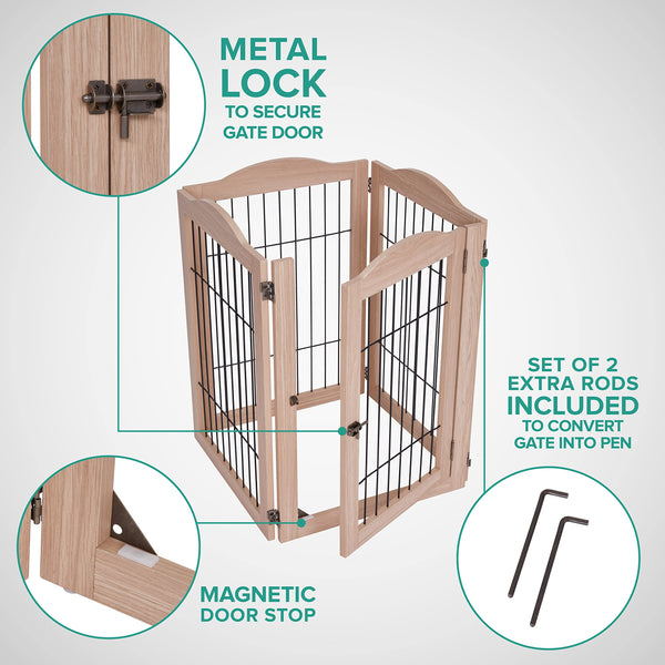 Arf Pets Freestanding Dog Gate, 4-Panel Extension, 360° Foldable Dog Gate 80"W x 31.5"H - Walnut
